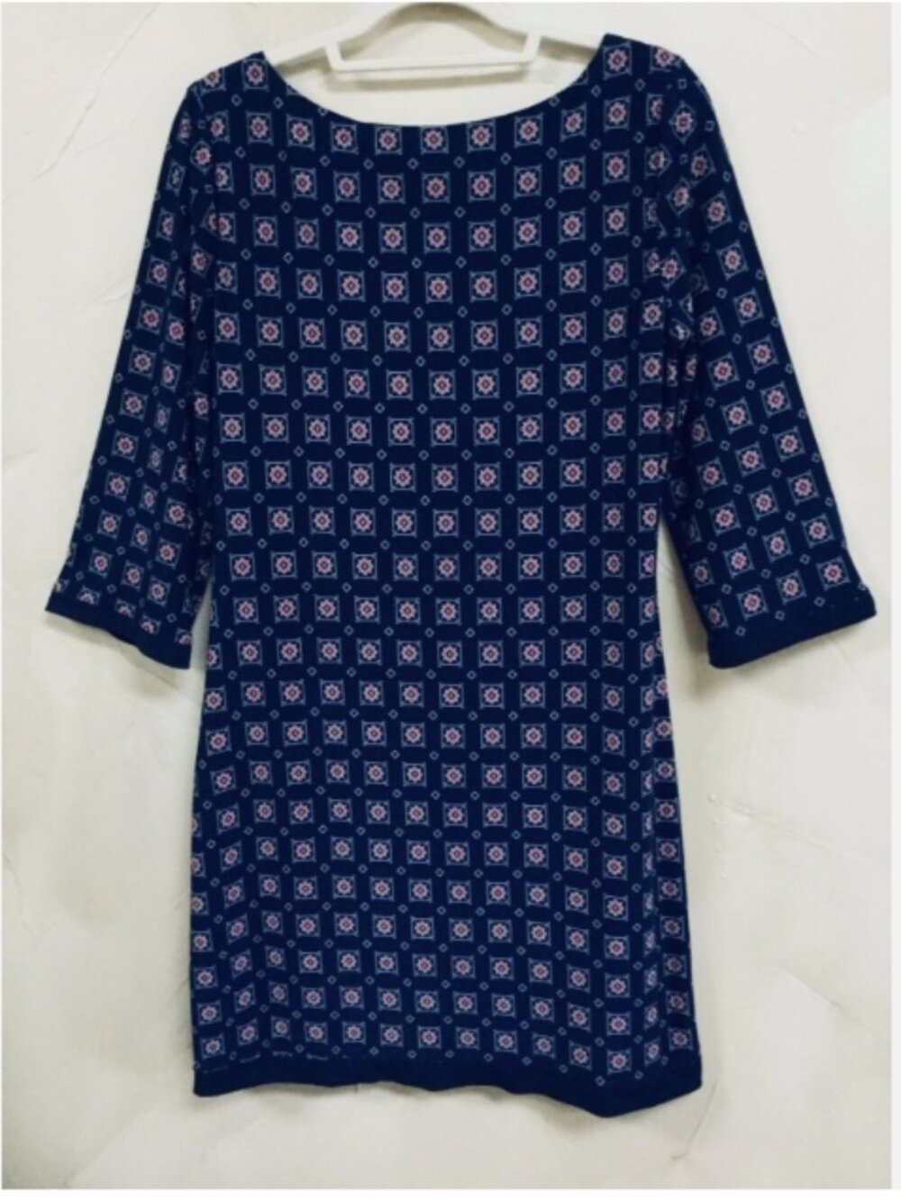 Tommy Hilfiger women size 12 shift dress navy orange 3/4 sleeves stretch knit